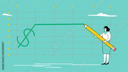 stock price rising up, business woman draws a graph of rising stock prices with a pencil concept vector illustration