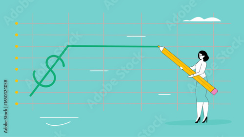 stock price rising up, business woman draws a graph of rising stock prices with a pencil concept vector illustration