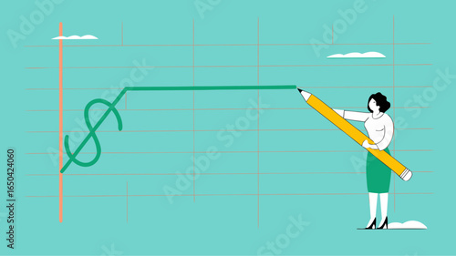 stock price rising up, business woman draws a graph of rising stock prices with a pencil concept vector illustration