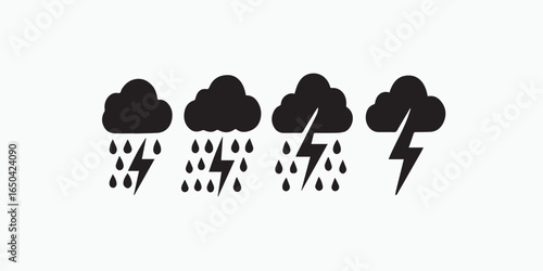 Print  Black and white vector icons depicting thunderstorms with clouds rain and lightning strikes.