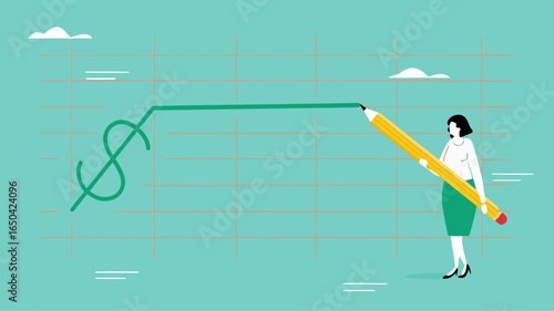 stock price rising up, business woman draws a graph of rising stock prices with a pencil concept vector illustration