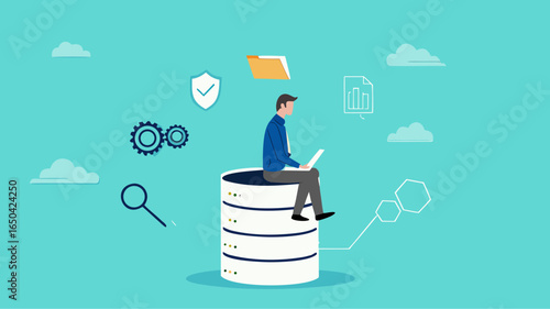 database system, cloud computing technology or file document archive, database administration concept, data network management, security or search, man work with laptop on database server