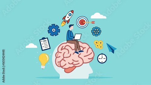 Genius and Expert at learning new skills With Accelerated Learning, intelligence or competence to develop self-capacity, capacity building, man work on human brain with business management elements