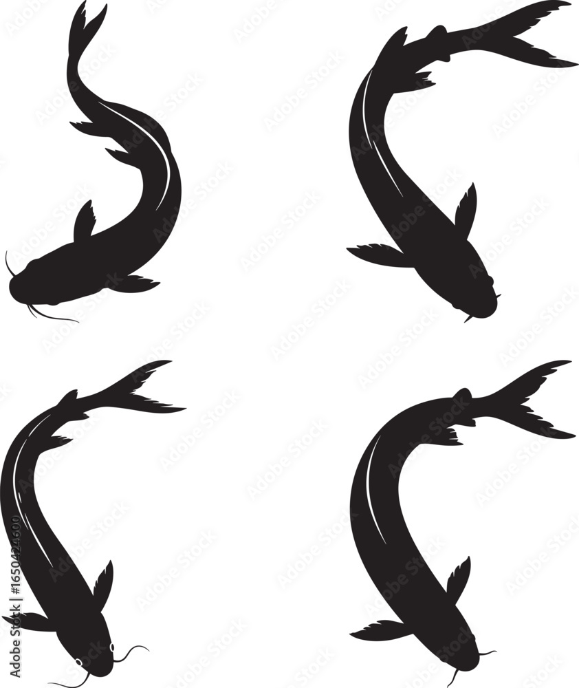 Obraz premium Four black koi fish swimming in a stylized silhouette pattern against a white background