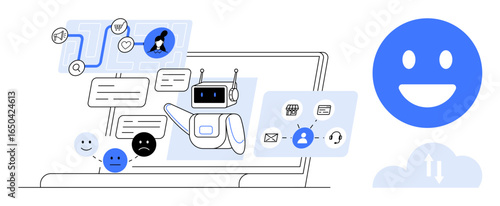 Laptop screen with a chatbot, messages, workflow icons, smiling and frowning faces. Ideal for AI technology, customer support, automation, workflow, digital tools communication simple landing page