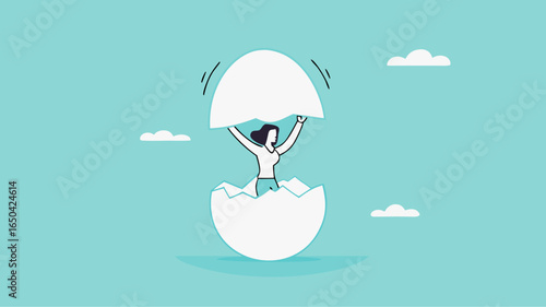 beginners businessman, beginner in starting a new business, newbie businessman comes out of a hatched egg concept vector illustration