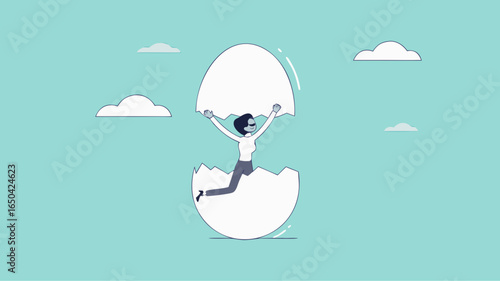 beginners businessman, beginner in starting a new business, newbie businessman comes out of a hatched egg concept vector illustration