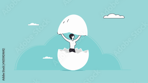 beginners businessman, beginner in starting a new business, newbie businessman comes out of a hatched egg concept vector illustration