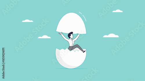 beginners businessman, beginner in starting a new business, newbie businessman comes out of a hatched egg concept vector illustration