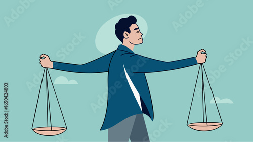 Balance of principles. businessman with briefcase carries scales in his hands, justice and honesty. Strong personality, mental attitudes. Entrepreneur and business ethics. Cartoon flat illustration