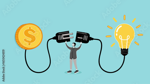 exchanging knowledge or science for money for a business or start up project, new business idea to get money, businessman connect plug with light bulb idea to money concept vector illustration