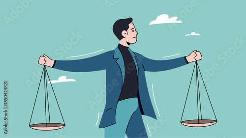 Balance of principles. businessman with briefcase carries scales in his hands, justice and honesty. Strong personality, mental attitudes. Entrepreneur and business ethics. Cartoon flat illustration