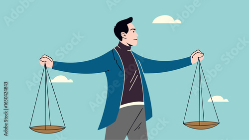 Balance of principles. businessman with briefcase carries scales in his hands, justice and honesty. Strong personality, mental attitudes. Entrepreneur and business ethics. Cartoon flat illustration