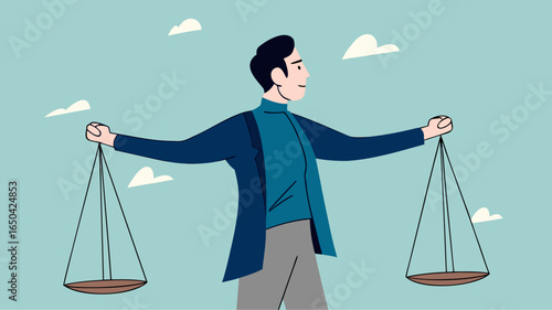 Balance of principles. businessman with briefcase carries scales in his hands, justice and honesty. Strong personality, mental attitudes. Entrepreneur and business ethics. Cartoon flat illustration