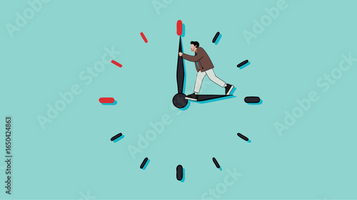 trying to get time back, extension of time to complete the work, businessman tries to turn back the clock to rewind time concept vector illustration