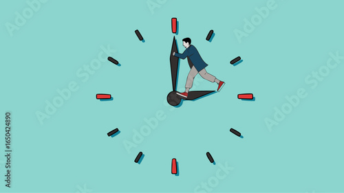 trying to get time back, extension of time to complete the work, businessman tries to turn back the clock to rewind time concept vector illustration
