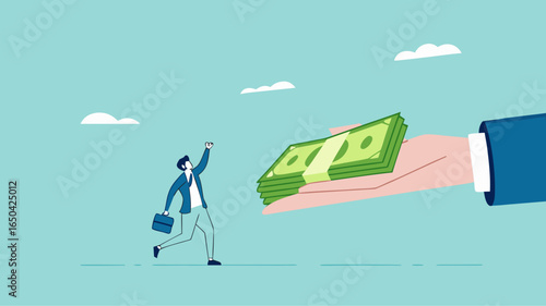 receive payment, reward or employee benefits, wages payment or bonus, bill payment, annual bonus, salary payment concept, happy worker receives money banknotes from businessman hand concept vector