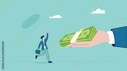 receive payment, reward or employee benefits, wages payment or bonus, bill payment, annual bonus, salary payment concept, happy worker receives money banknotes from businessman hand concept vector