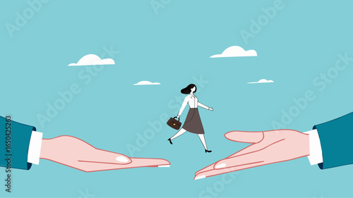 Change job or leaving company for new career opportunity, try new opportunities in business to achieve a career or good future, businesswoman jumps from the hands of the old businessman to the new one