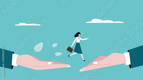 Change job or leaving company for new career opportunity, try new opportunities in business to achieve a career or good future, businesswoman jumps from the hands of the old businessman to the new one