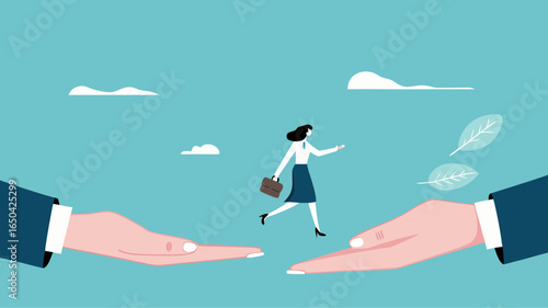 Change job or leaving company for new career opportunity, try new opportunities in business to achieve a career or good future, businesswoman jumps from the hands of the old businessman to the new one