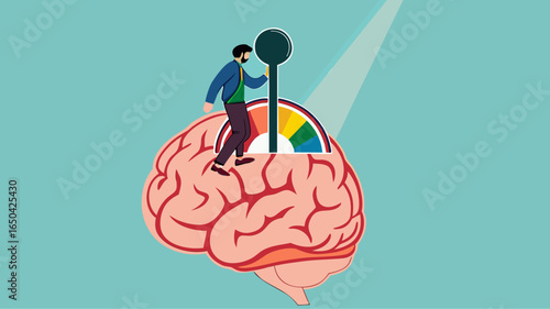 active your brain, smart thinking or emotional intelligence, smart businessman turn on switch on his own brain to high performance mode with flat design vector illustration