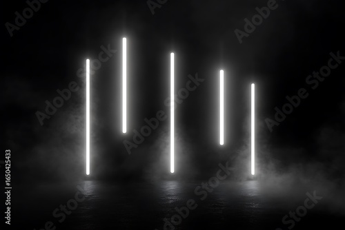 A dark background with vertical white neon lines in the center, with smoke on the top and bottom of each line,
