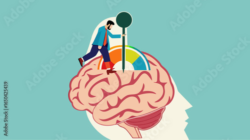active your brain, smart thinking or emotional intelligence, smart businessman turn on switch on his own brain to high performance mode with flat design vector illustration