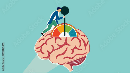 active your brain, smart thinking or emotional intelligence, smart businessman turn on switch on his own brain to high performance mode with flat design vector illustration