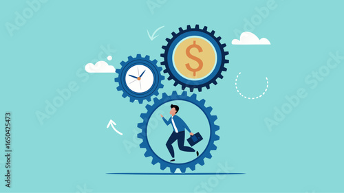 effort and time to make money with businessman running with full effort in gears to turn time and make money, experience and persistence for career success, long-term investment success concept