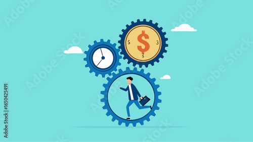 effort and time to make money with businessman running with full effort in gears to turn time and make money, experience and persistence for career success, long-term investment success concept