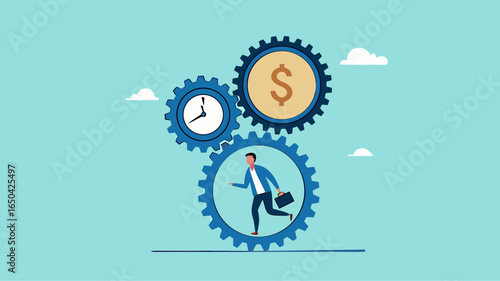 effort and time to make money with businessman running with full effort in gears to turn time and make money, experience and persistence for career success, long-term investment success concept