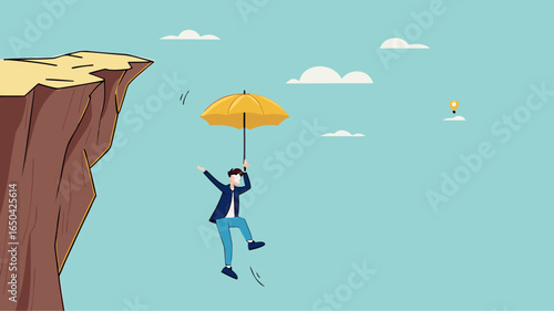 insurance, health or life insurance, guarantee or personal protection from the dangers of accident or disease, businessman survived using an insurance umbrella when he fell from a cliff