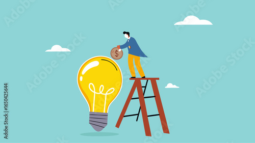 funding new innovative project, investing or VC venture capital to support business startup idea, raising funds to start a business, businessman inserts gold coins into business light bulb idea