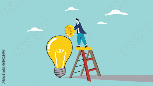 funding new innovative project, investing or VC venture capital to support business startup idea, raising funds to start a business, businessman inserts gold coins into business light bulb idea