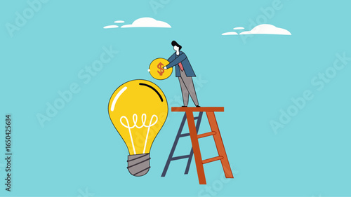 funding new innovative project, investing or VC venture capital to support business startup idea, raising funds to start a business, businessman inserts gold coins into business light bulb idea