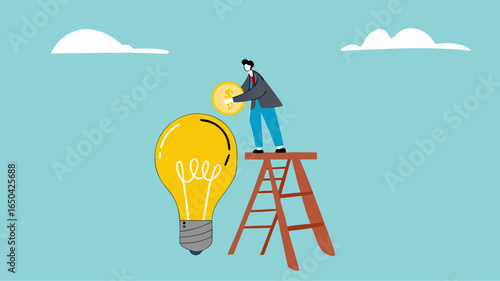 funding new innovative project, investing or VC venture capital to support business startup idea, raising funds to start a business, businessman inserts gold coins into business light bulb idea