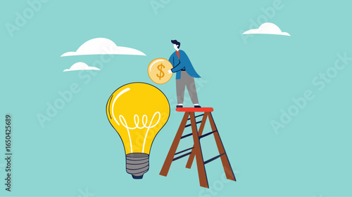 funding new innovative project, investing or VC venture capital to support business startup idea, raising funds to start a business, businessman inserts gold coins into business light bulb idea
