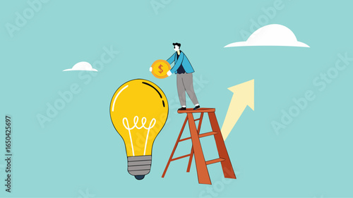 funding new innovative project, investing or VC venture capital to support business startup idea, raising funds to start a business, businessman inserts gold coins into business light bulb idea