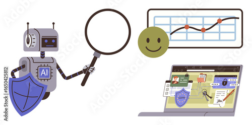 AI robot holding magnifying glass, shield emphasizing security, chart with growth trend, laptop showcasing protection. Ideal for technology, AI, cybersecurity, analysis, data science security