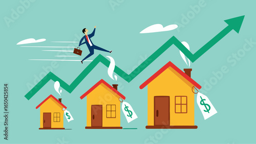 real estate or property growth concept, Housing price rising up, businessman running on rising green graph on house roof concept vector illustration with flat design style