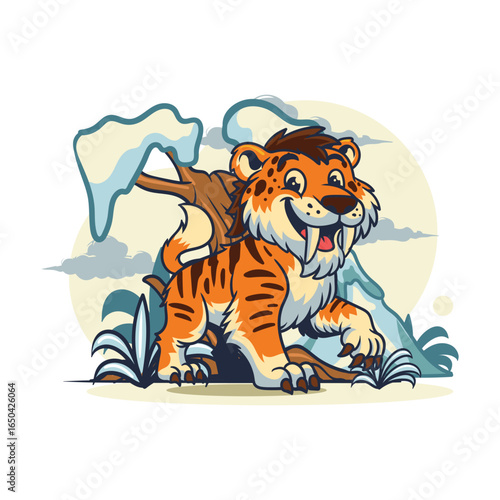Cute Sabertooth tiger extinct animal Character Mascot in Cartoon Illustration