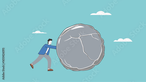 Businessman pushing huge stone illustration, effort to achieve business goals or target, Obstacles and challenge at work, business heavy tasks and problems concept vector illustration