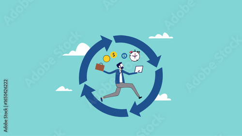 build good work habits with several skills, habitual procedures leading to business or career success, discipline or working efficiency, business people carry out work with a circle of good work habit
