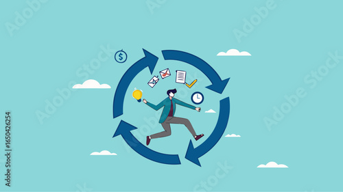 build good work habits with several skills, habitual procedures leading to business or career success, discipline or working efficiency, business people carry out work with a circle of good work habit