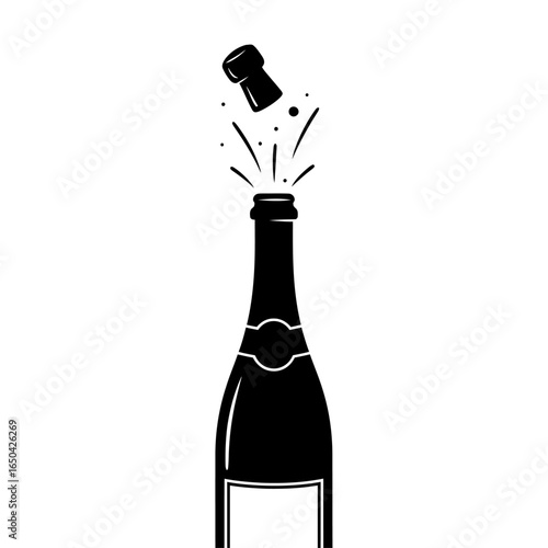 A black and white illustration of a champagne bottle with the cork popping off and some bubbles flying out