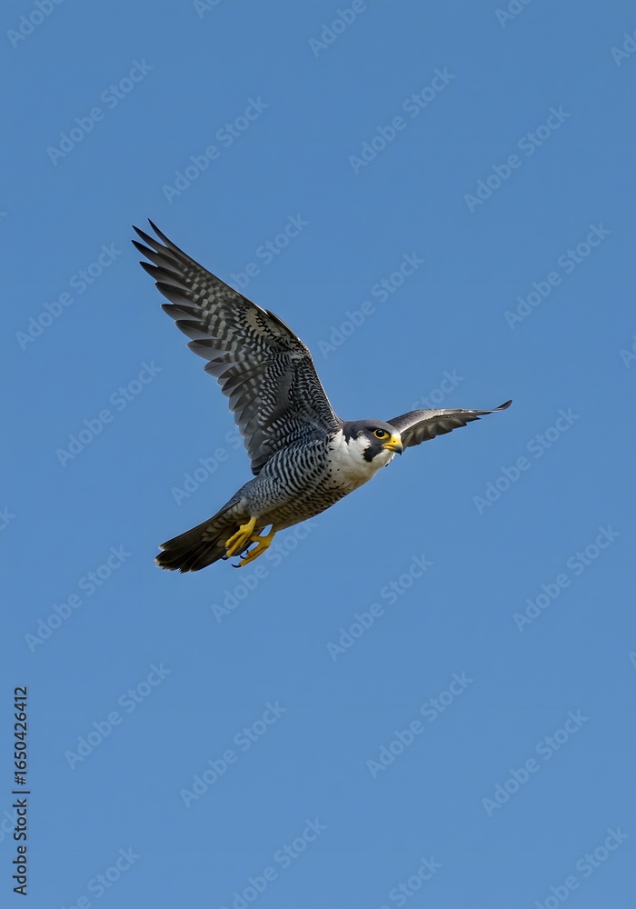 Obraz premium Magnificent peregrine falcon gracefully soaring through a clear blue sky, showcasing its powerful wings and agile flight, a symbol of freedom and natural beauty in motion.