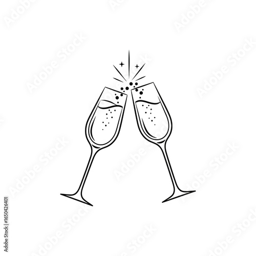 Two champagne flutes toasting with bubbles and sparkles in a minimalist black and white illustration
