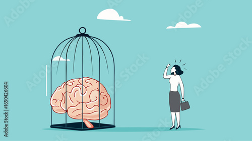 thinking traps, Negative Thought Patterns That Keep You Stuck, Stressed and Anxious, social issue, confused woman with a brain trapped in a cage illustration