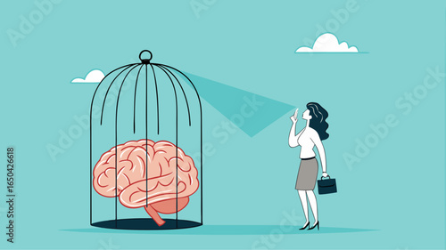 thinking traps, Negative Thought Patterns That Keep You Stuck, Stressed and Anxious, social issue, confused woman with a brain trapped in a cage illustration